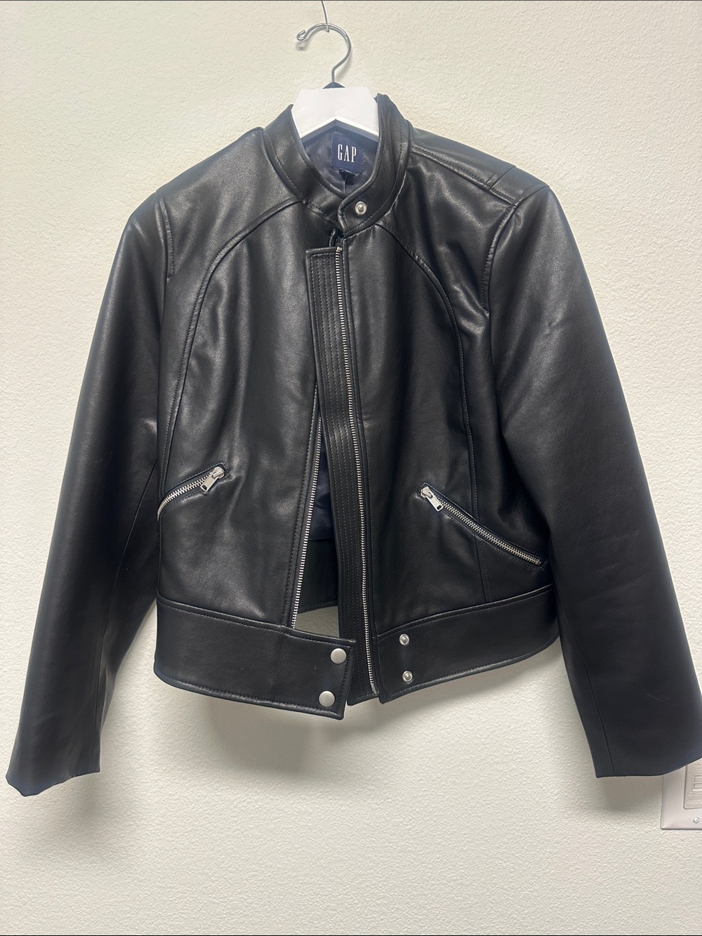 GAP Black Faux Leather Moto Jacket with Zip Pockets - LP